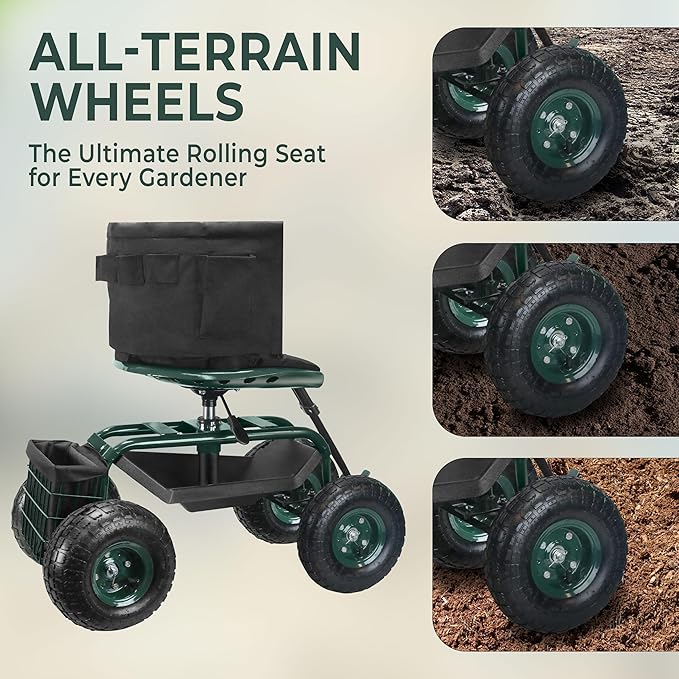 Garden Seat with Wheels – Adjustable 360° Swivel Gardening Stool with Hydraulic Height Adjustment, Ergonomic Backrest, and Tool Storage – Rolling Stool for Garden, Yard, and Outdoor Use