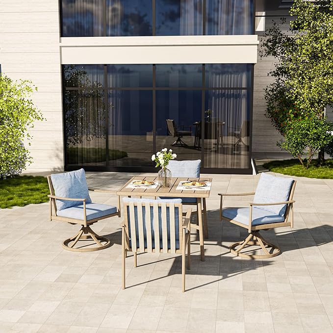 HAPPATIO 5-Piece Outdoor Dining Set for 4, Aluminum Patio Dining Set Includes 1 Large Square Table with Umbrella Hole, 2 Swivel Dining Chairs, and 2 Dining Chairs, for Lawn, Porch, Backyard (Brown)