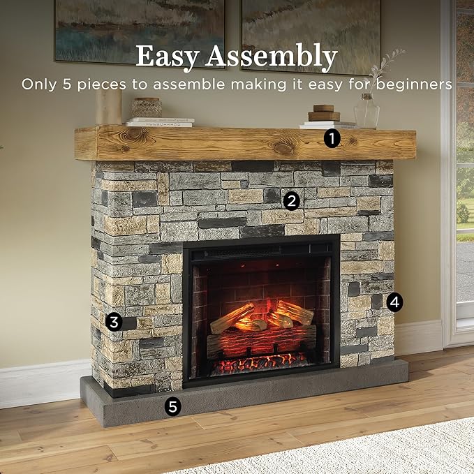 Country Living - Dixson Fireplace Mantel Package, 28” Fireplace Insert, Stone Brick Mantel Surround, Alexa/WiFi Enabled, 1500W
