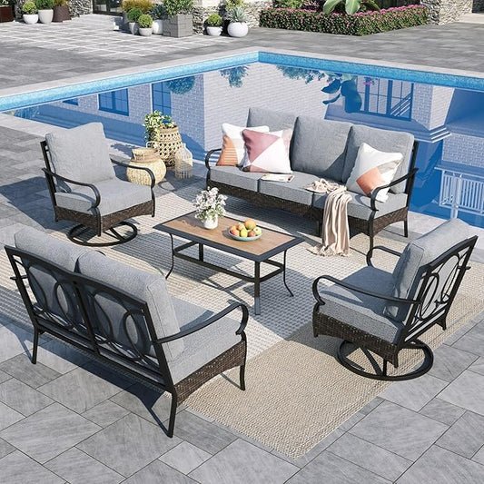 Sophia & William Patio Furniture Set, 5 Piece Metal Outdoor Conversation Set with 3-Seater Outdoor Couch, 2 Swivel Chairs, 1 Loveseat,1 Coffee Table for Outdoor Seating, Backyard, Porch(Grey)