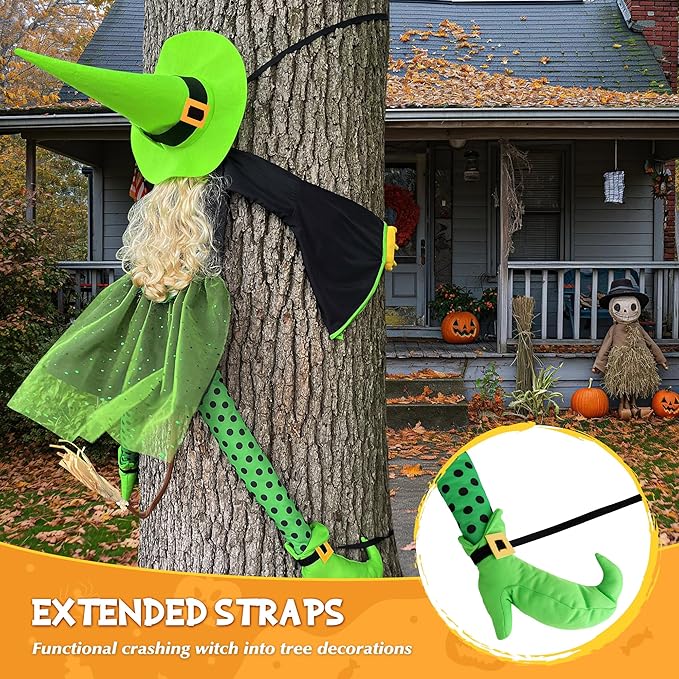 53" Halloween Crashing Witch Decoration – Green Flying Witch Tree Prop for Yard, Porch, Patio, Lawn – Funny Outdoor Halloween Decor for Garden, Fence, and Door