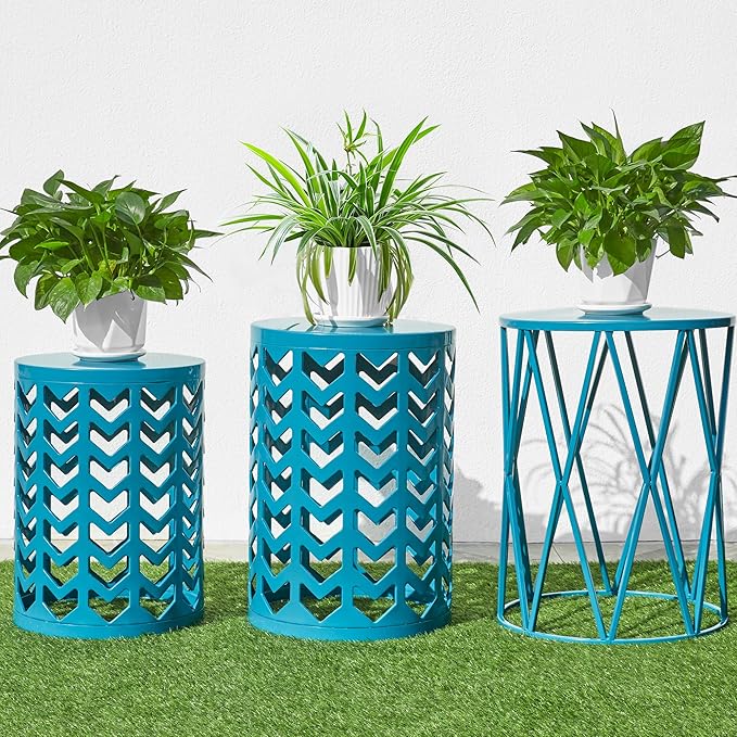 HFHOME Set of 3 Metal Side End Tables Nightstand, Nesting Round Coffee Table for Indoor Outdoor, Heavy Duty Metal Plant Stand Living Room Garden Stool - Blue