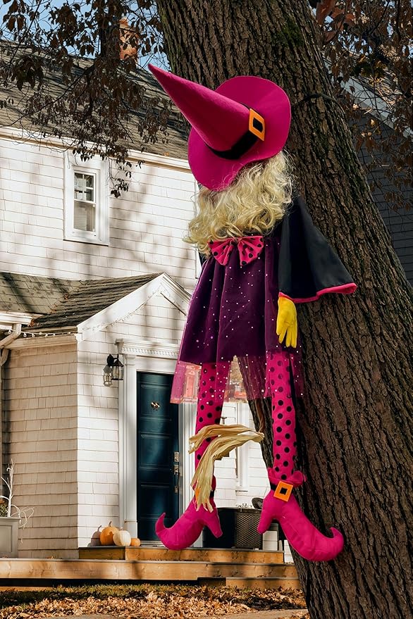 53" Crashing Witch Halloween Decoration - Funny Pink Witch Tree Prop for Yard, Porch, Door, Fence, Patio, Lawn, Garden - Indoor & Outdoor Hanging Halloween Decor