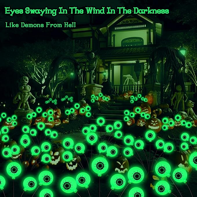 Halloween Decorations Outdoor, 8 Pack 48 LED Solar Scary Eyeball Swaying Lights, Green Solar Firefly Light Waterproof Outdoor Garden Lights for Halloween Yard Garden Lawn Party Flower Bed