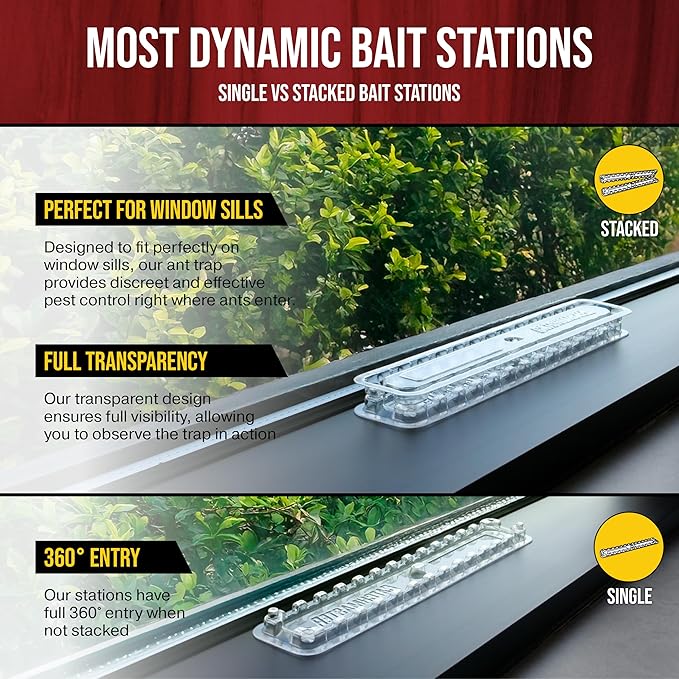 Catchmaster DEFIANT Extra Long Reusable Ant Traps Indoor (8 Pack) For Narrow Spaces – Liquid Ant Killer - Bait NOT Included - Stackable, Translucent Design – 28 Entry Points For Maximum Access