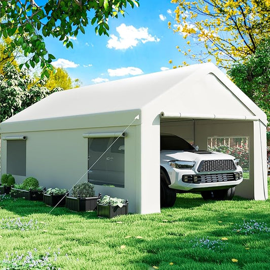 Carport 12' x 20' Heavy Duty Portable Garage, Carport Canopy with Side-Opening Door & Roll-Up Windows, Car Canopy Reinforced Four-Hole Base for Car, Truck, Boat, Party, White