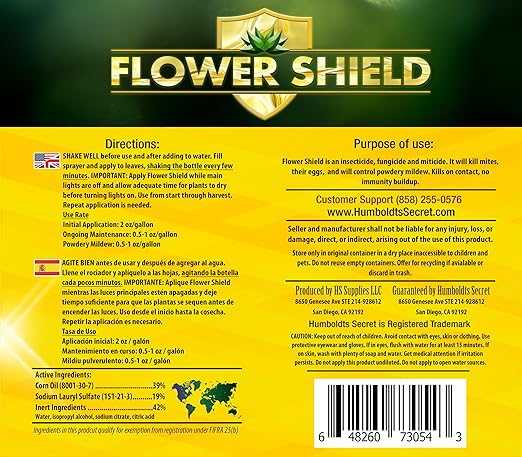 Humboldts Secret Flower Shield | Insecticide, Pesticide, Miticide, Fungicide | Bug Spray for Plants | Spider Mite & Powdery Mildew Control | Indoor & Outdoor | Houseplant & Garden | 128 Ounce