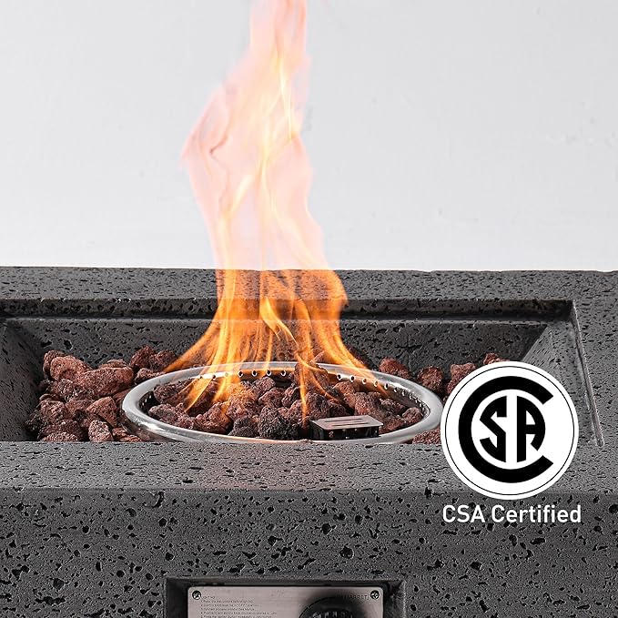 SUNBURY Outdoor Fire Pit, 28" Square Propane Gas Patio Fire Table 40,000 BTU Concrete Travertine Design, CSA Certified, Small Firepit Table with Lava Rocks, Waterproof Cover (Grey)