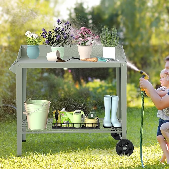 Outdoor Metal Potting Bench with Wheels, Heavy Duty Garden Workbench Table with Storage Shelf (Green, 36"x38.8")
