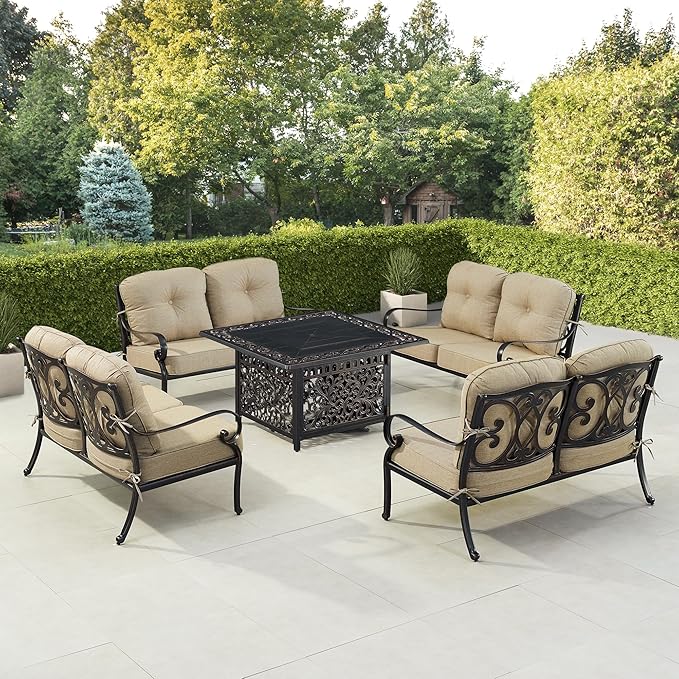Oakland Living POPPY-4LS-MAYAN-TNCU-AC Black Aluminum Patio Fire Table Set with Four Deep Seating Loveseat with Cushions, Antique Copper