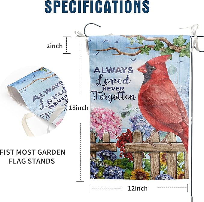 Red Bird Garden Flag Memorial Flags for Cemetery Flags Grave Decorations Remberance Day Flag 12x18 Double Sided Gravesite Saying Always Loved Never Forgotten