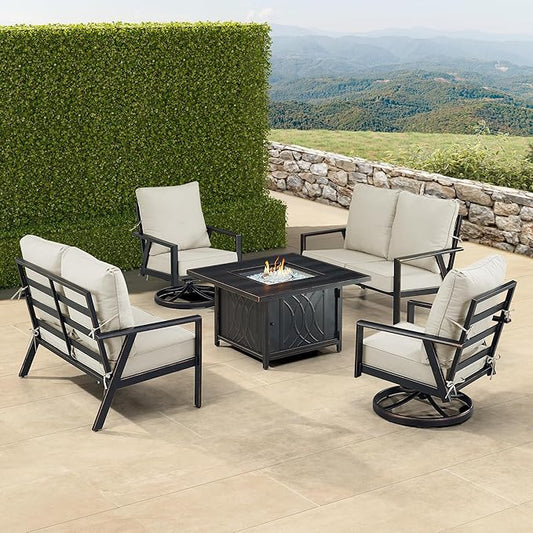 Oakland Living Black Aluminum Patio Fire Table Set with Two Deep Seating Loveseat with Cushions and Two Club Chairs with Light Grey Cushions