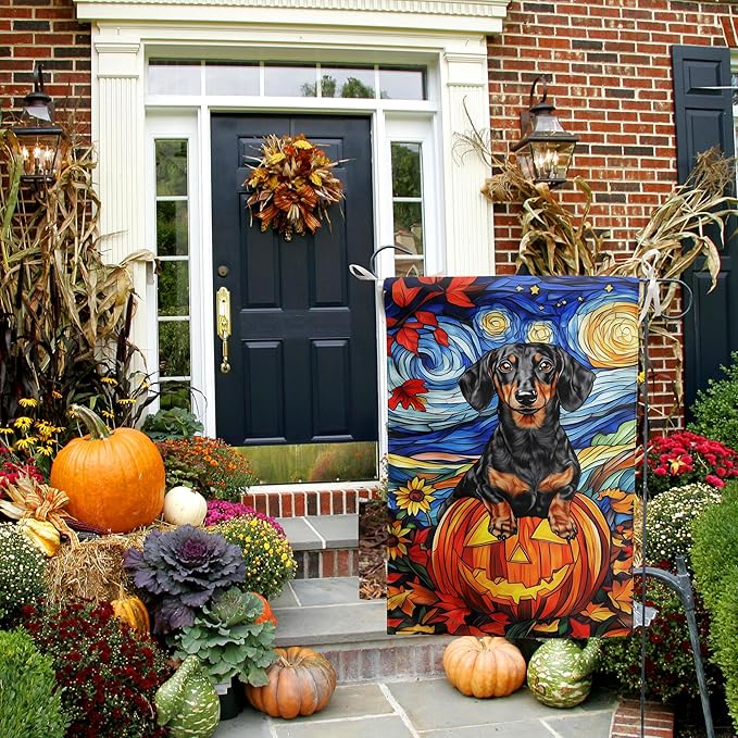 Stained Glass Dachshund Fall Garden Flag Halloween Pumpkin Yard Signs Autumn Sunflower Thanksgiving Banner for Outside 12x18 Double Sided Small Weiner Dog Outdoor Decorative