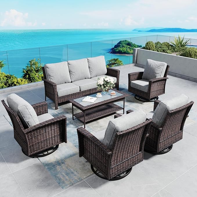 Patio Furniture Set with Swivel Chairs, High Back Wicker Rattan Furniture with 5.5" Thick Cushions and Coffee Table, Outdoor Conversation Set for Backyard Deck,7 Seats, Grey