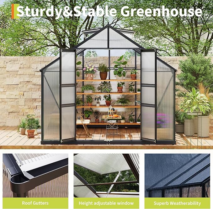 Greenhouses for Outdoors, Polycarbonate Greenhouse with Quick Setup Structure & Roof Vent, Heavy Duty Frame Walk-in Green Houses for Outside Garden Backyard