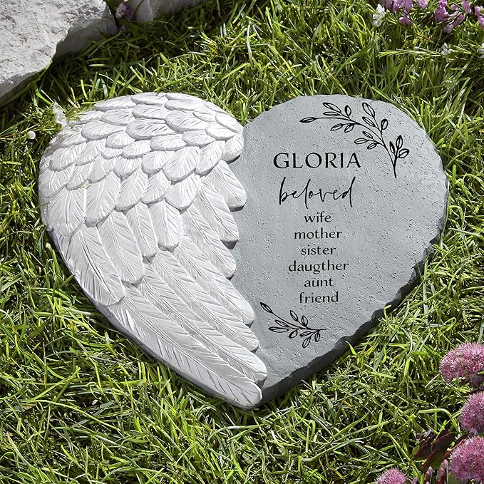 Let's Make Memories Personalized Memorial Garden Stone - Sympathy - Loss of Loved One - Condolences - Indoor/Outdoor - Durable Resin - 3D Iridescent Wing - Loved by All
