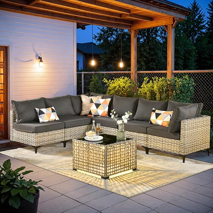 HOOOWOOO Outdoor Patio Furniture Set,7 Pieces Wicker Out Door Sectional Furniture L Shaped Couch,Outside Patio Conversation Sets with LED Table,Black