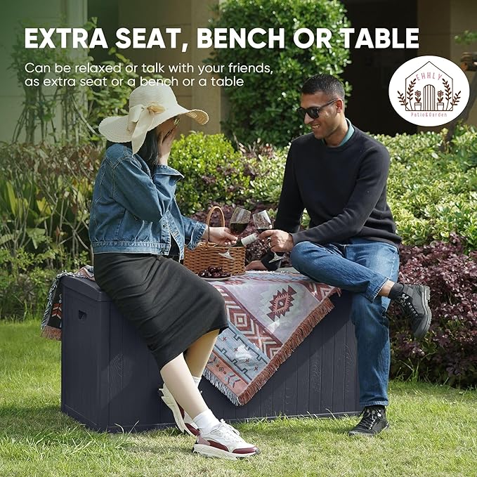 120 Gallon Outdoor Storage Box Large, Lockable Outside Containers Waterproof Patio Cushions Storage Deck Boxes, Plastic Garden Hose Boxes Resin Pool Storage Bins, Grey