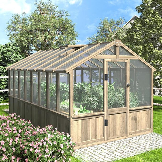 8x16 FT Greenhouse for Outdoor, 6MM Thick Polycarbonate Panel Wooden Walk-in Green House with Adjustable Roof Vents and Lockable Door, Backyard Garden, Light Mocha Brown
