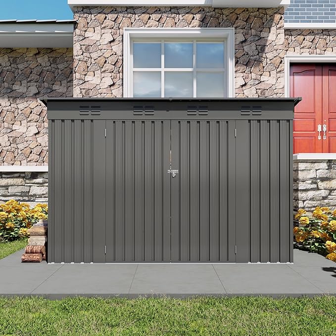 4x9 ft Lean to Shed, Outdoor Storage Shed with Lockable Double Door and Window, Metal Storage Sheds with Sloping Roof and 6 Vents, Outside Garden Tool Sheds for Backyard, Patio (Grey)