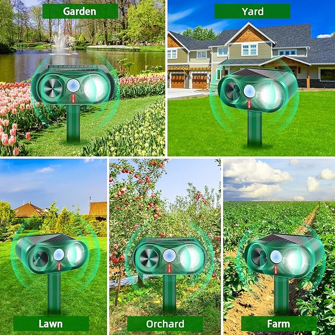 4Pack Solar Ultrasonic Animal Repellent,2025 Waterproof Deer Repellent Device with LED Flashing Lights,Cat Repellent Outdoor with Motion Detection Squirrel Skunk Rabbit Dog Raccoon Repeller for Yard