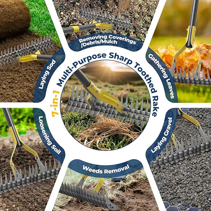 Rake, 51" Heavy Duty Metal Dethatcher Rake with 15" Wide Double-Edged Sharp Tines Thatch Rakes for Lawns,Dead Grass Removal,Soil Loosening,Lawn Care, Dethatching,Yard,Garden