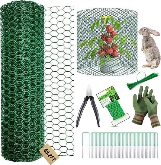 49.2Ft x16In Plant Protectors from Animals - Wire Plant Protector Cages for Outdoor Plants, Free-Cut Metal Mesh Plant Covers Guards Fence, Chicken Wire Cloche with Ground Stakes,Zip Ties