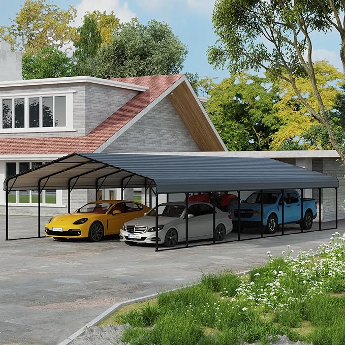 YOLENY Carport 20x40 FT, Heavy Duty Carport for Garage, Car Shelter with Galvanized Metal Roof and Frame, Easy to Install Outdoor Car Canopy, Expanding Garage Space for Pickup, 2 Cars, Gray