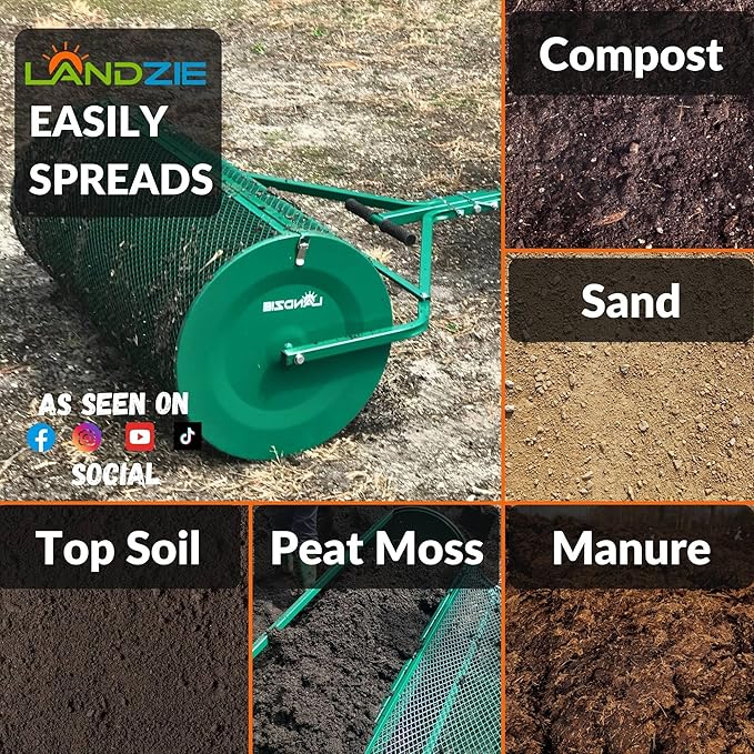 LANDZIE Lawn & Garden Spreaders - 44 Inch Heavy Duty Metal Mesh Basket Push/Tow Spreader - Compost, Peat Moss, Top Soil, Mulch - Durable Lightweight Multi-Purpose Yard Care Equipment - Manure Spreader