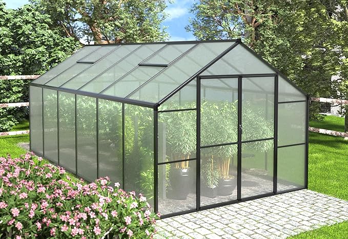 BlueWish 8x12FT Greenhouse for Outdoors, Greenhouses with 2 Adjustable Vents,Aluminum Frame, Heavy Duty Greenhouse Kit with Polycarbonate Panel, Walk-in Green House for Garden, Gray