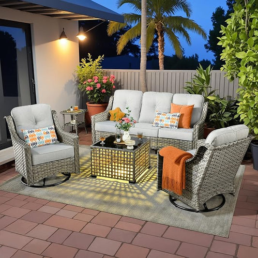 5 Pieces Patio Outdoor Furniture Set with Swivel Rocking Chairs,All Weather Wicker Rattan Patio Seating Sofa and Chair Set w/Glowing Table,Outdoor Conversation Sets for Deck Yard Garden,Grey