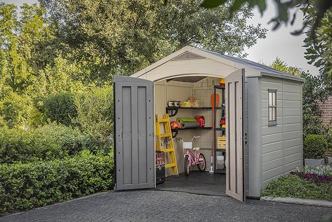 Keter Factor 8x8 Foot Large Resin Outdoor Shed with Floor for Patio Furniture, Lawn Mower, and Bike Storage, Taupe & Brown