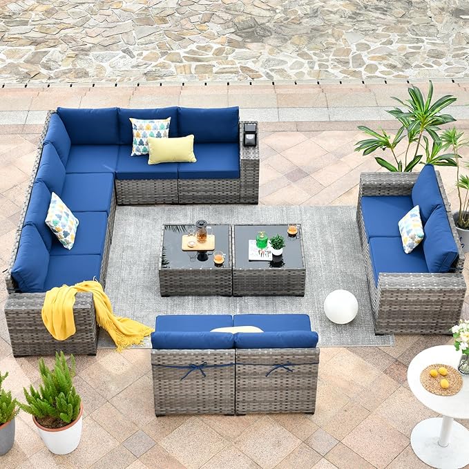 HOOOWOOO 12 Piece Modular Patio Outdoor Sectional Furniture Sofa Set,Wicker Conversation Set,Out Door Couch Set with Wide Arm for Outside All Weather(Navy Blue)
