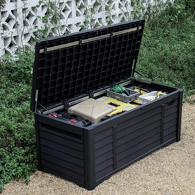 DWVO Outdoor Storage Deck Box, 120 Gallon Capacity, Waterproof Storage Bench, Lockable Lid, Resilient Resin Construction, Black