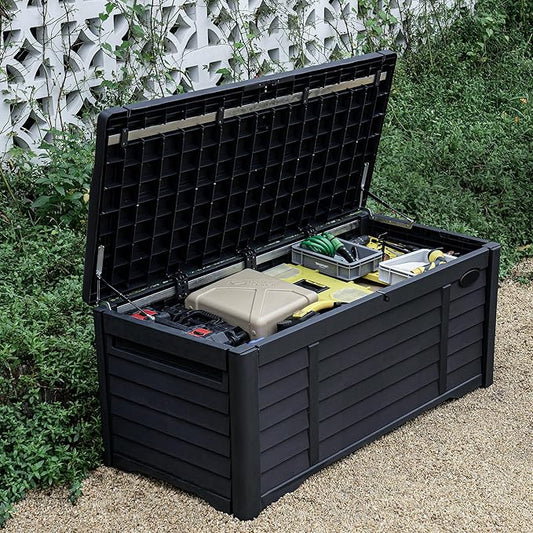 DWVO Outdoor Storage Deck Box, 120 Gallon Capacity, Waterproof Storage Bench, Lockable Lid, Resilient Resin Construction, Black