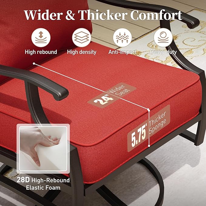 5 Piece Metal Outdoor Patio Furniture Set with Fire Pit Table, Patio Conversation Sets 4 Fixed Chairs with 5.75" Thick Cushion and 5000 BTU Fire Pit Table, Backyard Furniture, Red