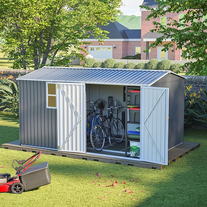 8x12FT Outdoor Storage Shed,XL Heavy-Duty Metal Shed W/Window & Floor Frame,Garden Tool House W/ 4 Air Vents,Dual Sliding Hinged Door & Sloped Roof,for Backyard,Patio,Lawn,Grey