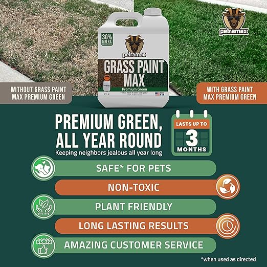 PetraMax Max Grass Paint for Lawn - Maintain Perfect Green Grass, Spray for Lawn & Shrubs Green Spray, Paint Pair with Petra Sprayers - Touch up Dog Spots - Non-Toxic Safe for Pets (Premium, 32 oz)