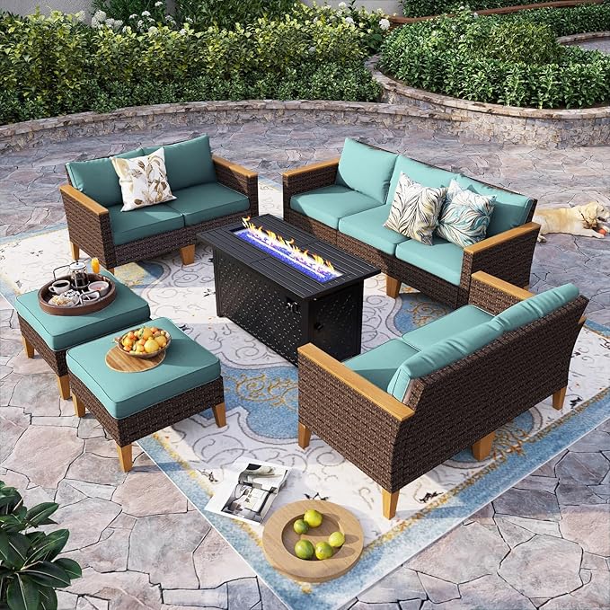 Sophia & William Patio Furniture Set with Fire Pit Table, 10 Piece Outdoor Wicker Furniture Sectional Sofa, Extra Large Patio Rattan Conversation Set with Ottoman & 45" Fire Pit Table(Aqua Blue)