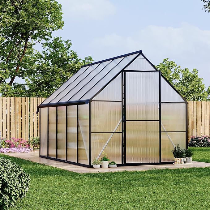 Aluminum Polycarbonate Greenhouse for Outdoors, Large Walk-InGreenhouse with Quick Setup Structure and Roof Vent, Greenhouse with Ventilation and Rain Gutter