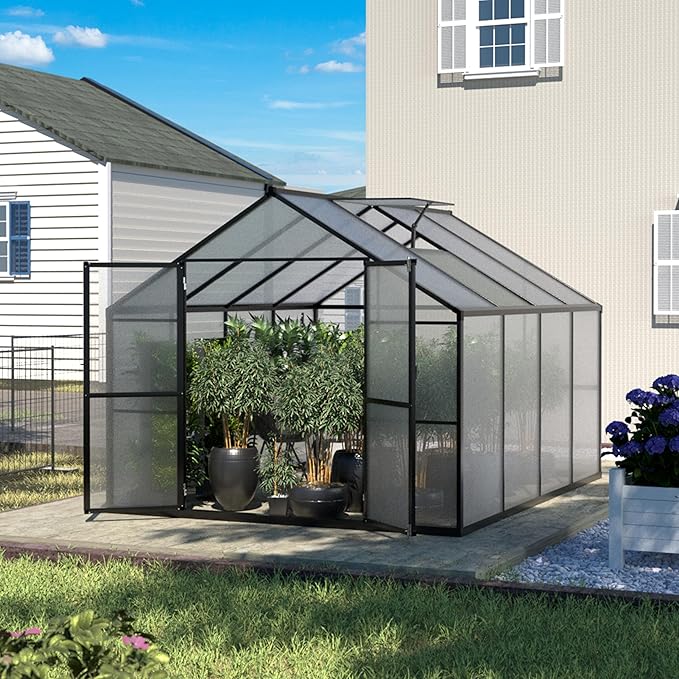 BlueWish 8x8FT Greenhouse for Outdoors, Greenhouses with Adjustable Vents, Lockable Door, Outdoor Aluminum Greenhouse Kit with Polycarbonate Panel, Walk-in Green House for Garden, Backyard, Gray