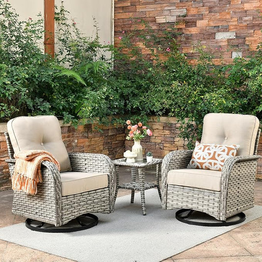 Outdoor Swivel Rocker Patio Chairs with Side Table,Wicker Swivel Rocking Chair Set of 2,3PCS High Back Wicker Patio Furniture Set Glider Chairs for Porch, Balcony, Deck,Yard,Beige