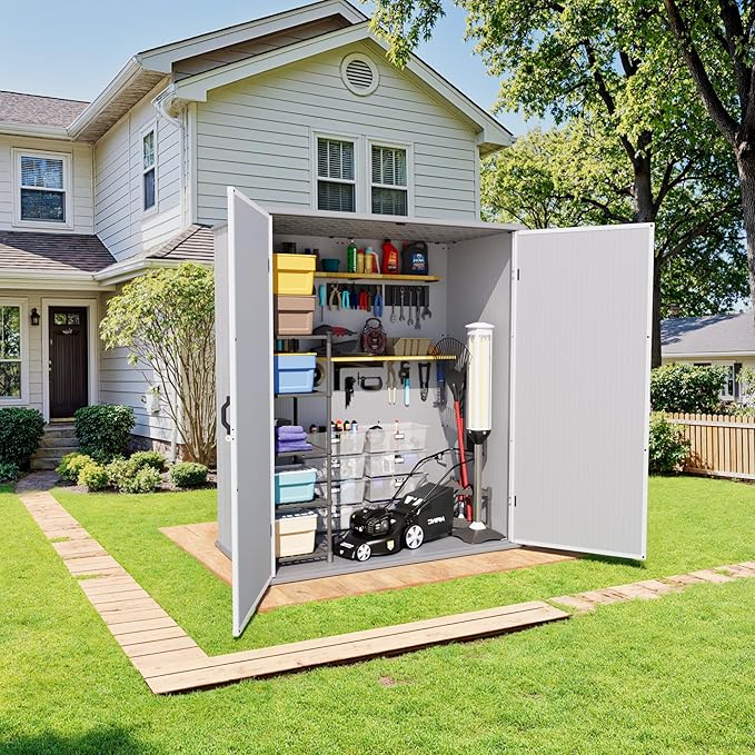 Greesum 5x3FT Plastic Outdoor Storage Shed with Floor, Resin Storaged Sheds with Lockable Door, Window & Vent, All-Weather Tool Sheds for Garden, Backyard, Pool Supplies, Light Gray (4.7×2.5FT)