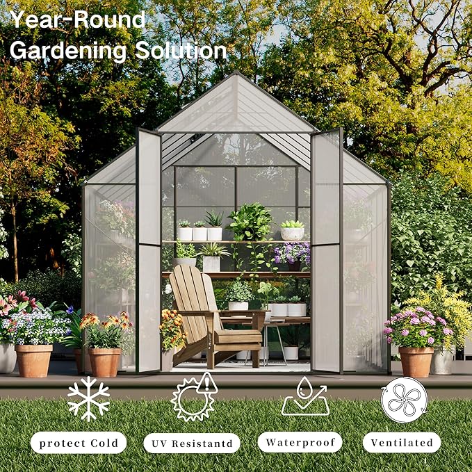 Kingdura 8x12ft Walk-in Greenhouse for Outdoors, Large Polycarbonate Greenhouses with Heavy Duty Aluminum Frame, Adjustable Roof Vent, Lockable Door, UV Protection for Outside Garden Backyard