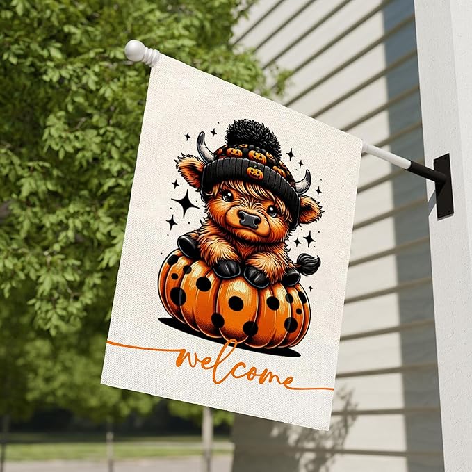 Welcome Halloween Garden Flag for Outside, 12x18 Inch Double Sided Halloween Pumpkin Highland Cow Yard Flag, Farmhouse Small Yard Flags for Outdoor Decorations, Holiday Decor Gifts-A02