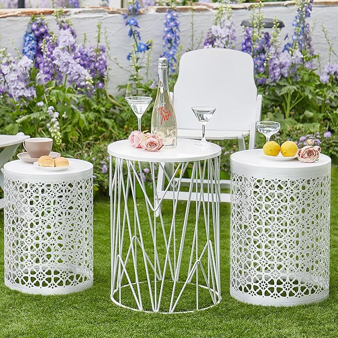 Y&M Set of 3 Heavy-Duty Round End Table, Side Table, Coffee Table for Indoor Multifunctional Use, Outdoor Decorative Garden Stool Plant Stand-White