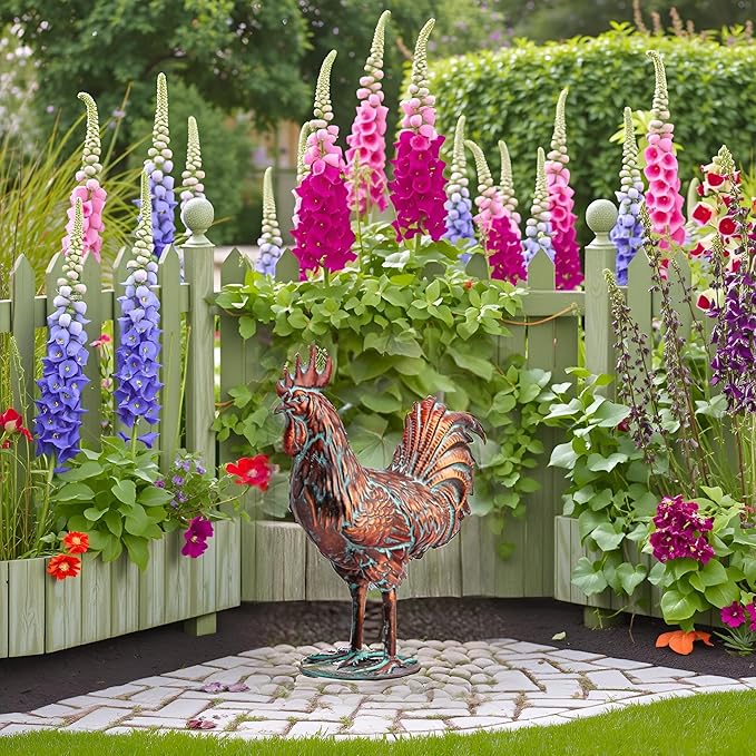 Metal Garden Rooster Statue Decor,15.7" L x 18.8" H Metal Chicken Sculpture Yard Art, Vintage Outdoor Chicken Figurine for Backyard Patio Lawn Home Kitchen Decorations, Gift for Chicken Lovers