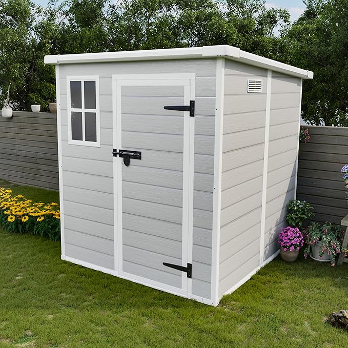 6x6 FT Storage Shed Garden House with Lockable Doors and Vents Waterproof Resin Outdoor Tool Cabinet W/Floor & Window,for Bicycles,Lawnmowers,Lawn,All Weather Use,Gray