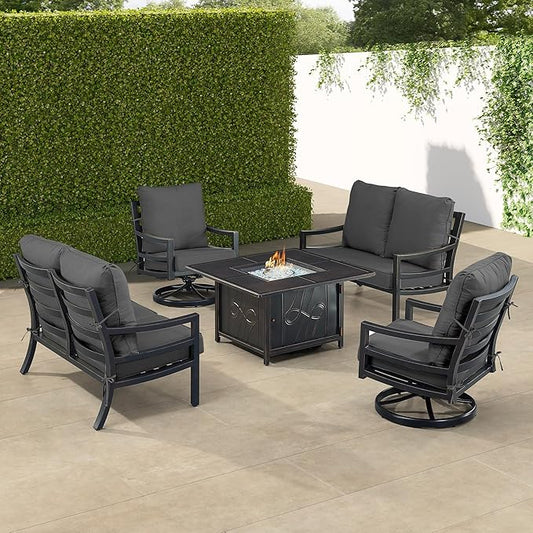 Oakland Living Black Aluminum Patio Fire Table Set with Two Deep Seating Loveseat with Cushions and Two Club Chairs with Black Cushions