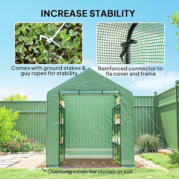 Outsunny 8' x 6' x 7' Walk-in Greenhouse, PE Cover, 4-Tier Shelves, Steel Frame Hot House, Roll-Up Zipper Door for Flowers, Vegetables, Saplings, Tropical Plants, Green